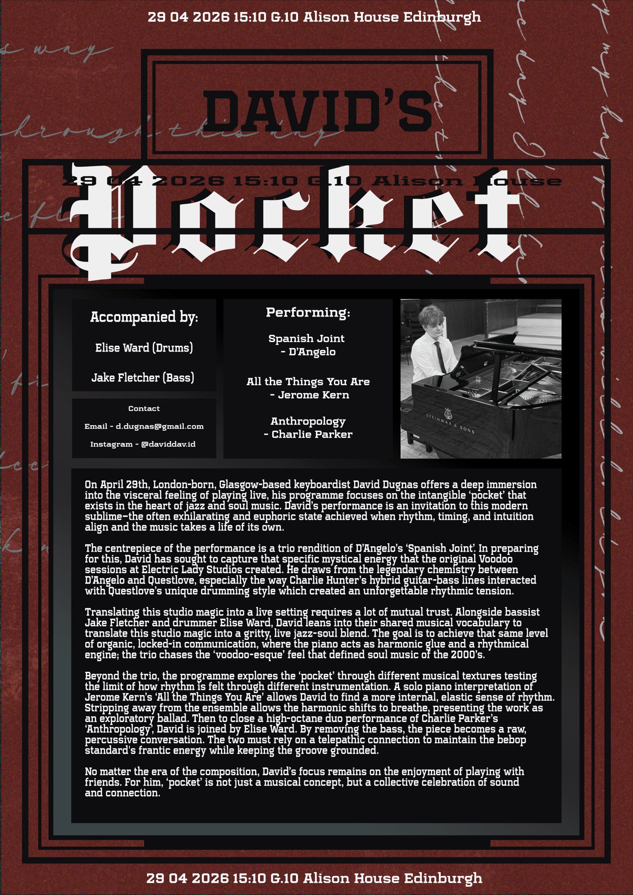 Press release poster for David’s Pocket, 29 April 2026